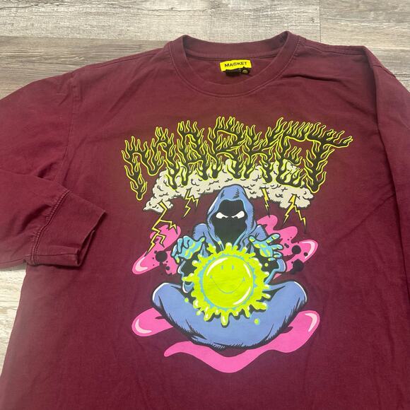 Market Smiley Alchemist Reaper Red Mens L Long Sleeve Graphic Streetwear T-Shirt - Picture 1 of 8
